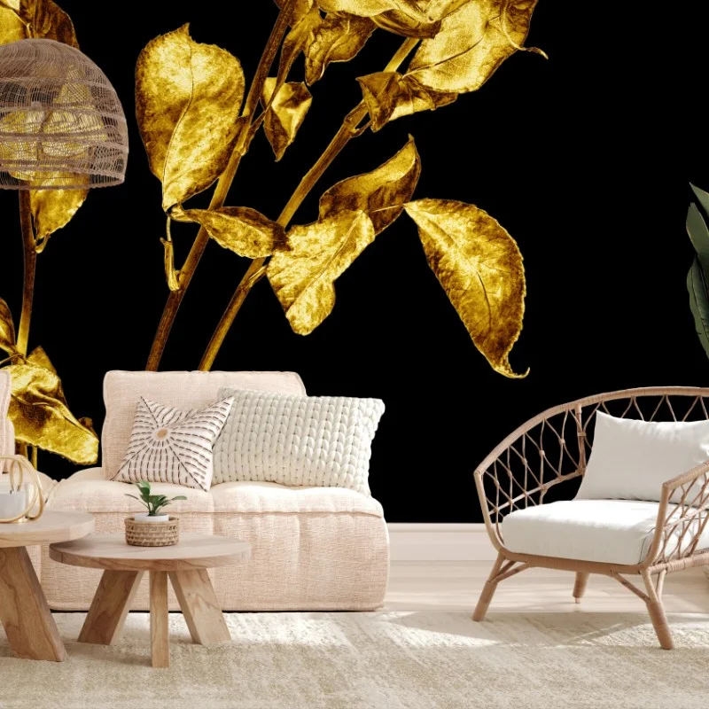 Carta da parati rose dorate su sfondo nero