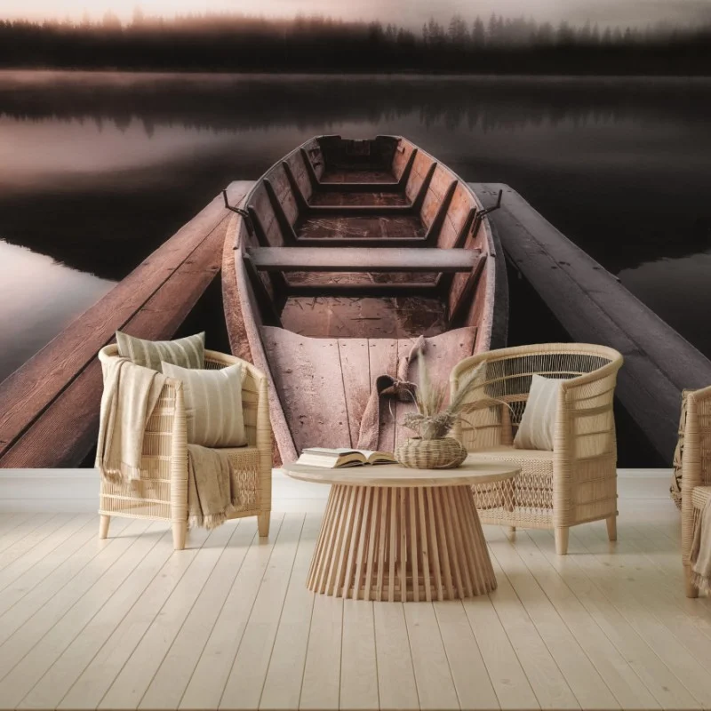 Carta da parati barca solitaria sul lago nella nebbia