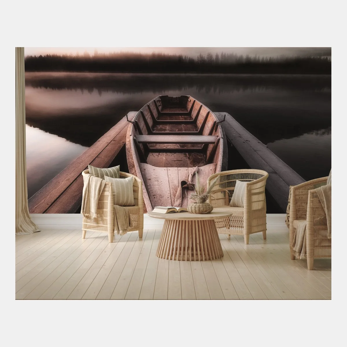 Carta da parati barca solitaria sul lago nella nebbia • Wallissimo® Carta da parati barca solitaria sul lago nella nebbia • Wallissimo®