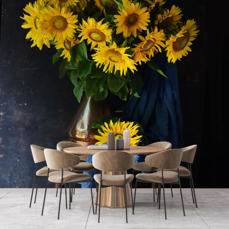 Carta da parati bouquet di girasoli su sedia rustica