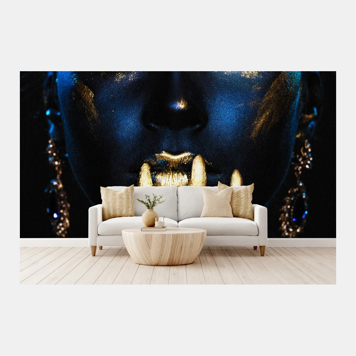 Carta da parati ritratto glamour blu e oro con dettagli dorati • Wallissimo® Carta da parati ritratto glamour blu e oro con dettagli dorati • Wallissimo®