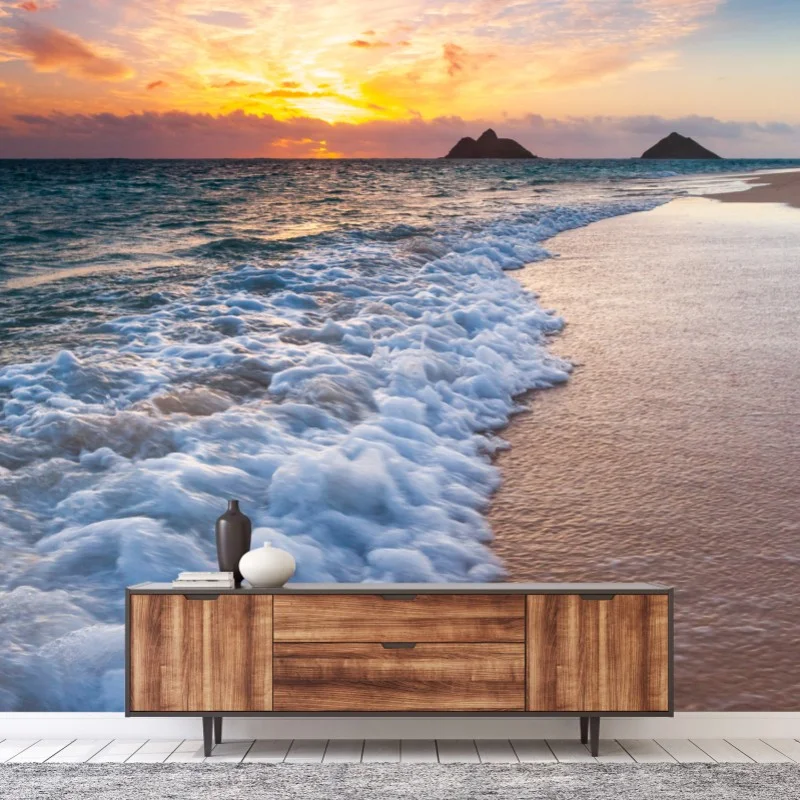 Carta da parati tramonto sulle onde della spiaggia