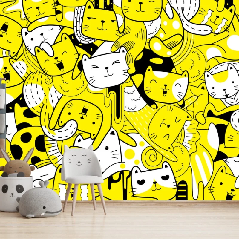 Carta da parati mosaico di gatti giocosi in giallo e nero