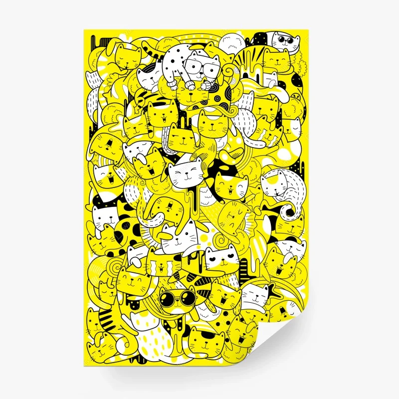 Carta da parati mosaico di gatti giocosi in giallo e nero