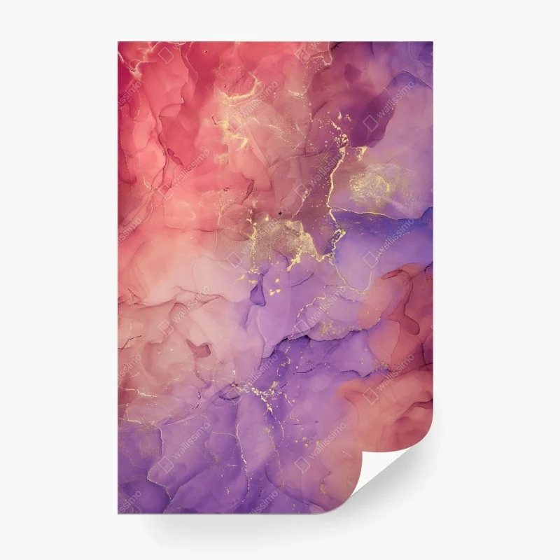 Carta da parati marmo liquido rosa e viola con venature dorate