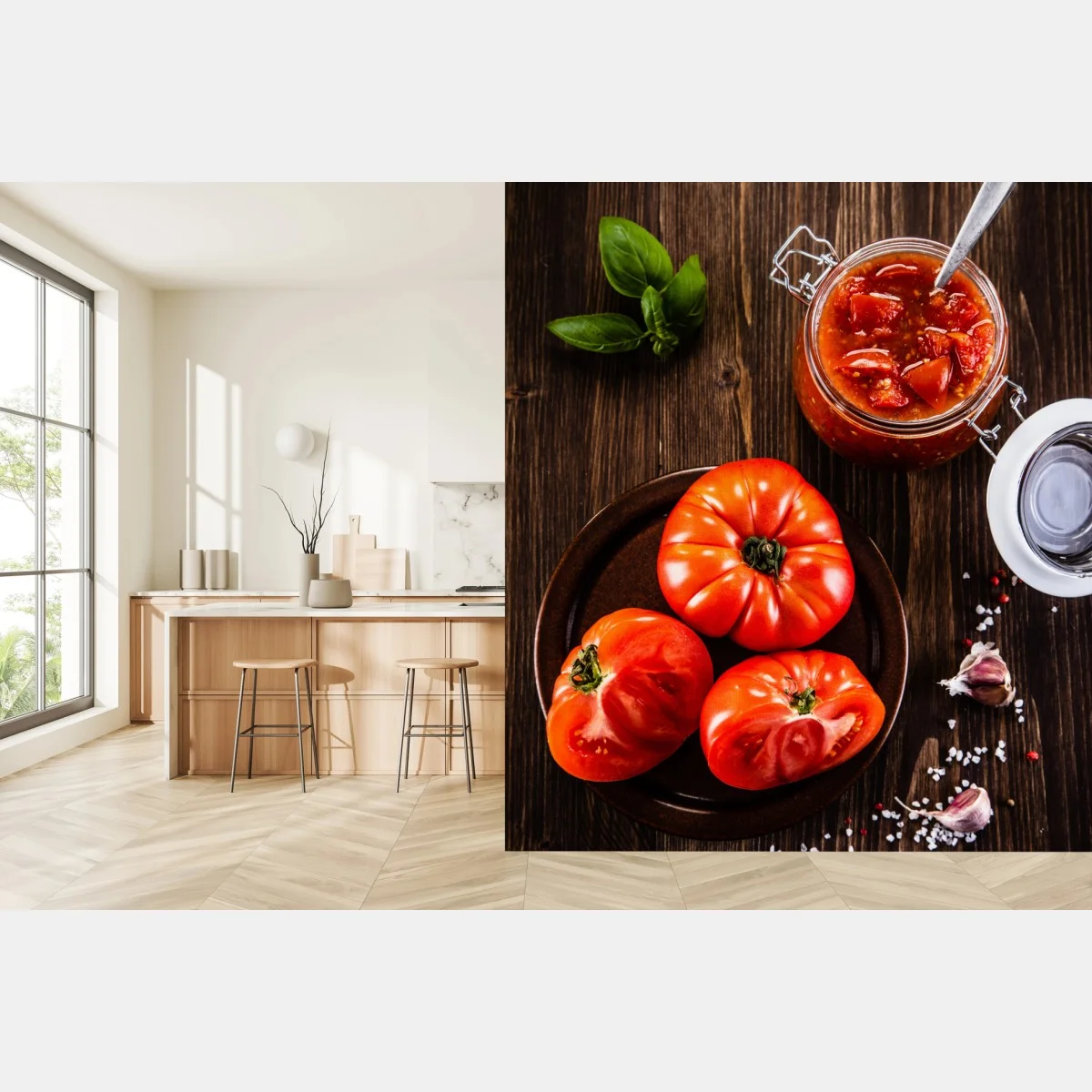 Carta da parati pomodori rustici con salsa e basilico • Wallissimo® Carta da parati pomodori rustici con salsa e basilico • Wallissimo®