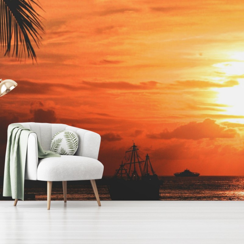 Carta da parati tramonto tropicale sul mare con palme e barche