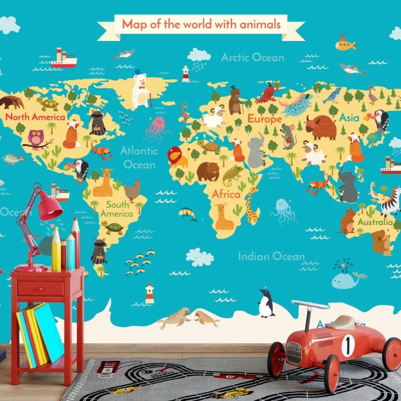 Carta da parati mappa del mondo degli animali colorata per la cameretta