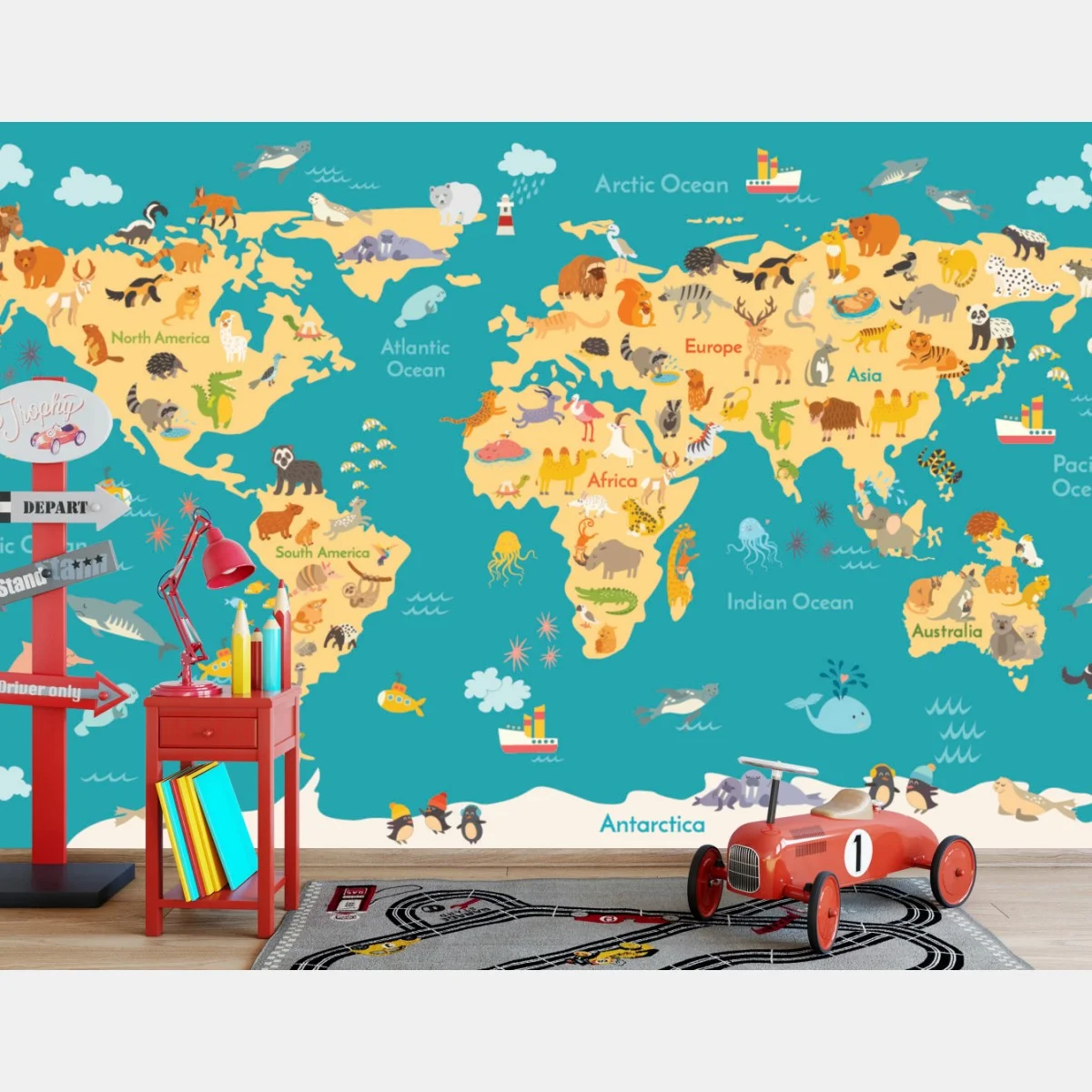 Carta da parati mappa del mondo degli animali • Wallissimo® Carta da parati mappa del mondo degli animali • Wallissimo®