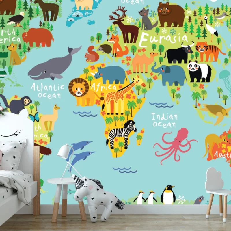 Carta da parati mappa illustrata degli animali del mondo per cameretta