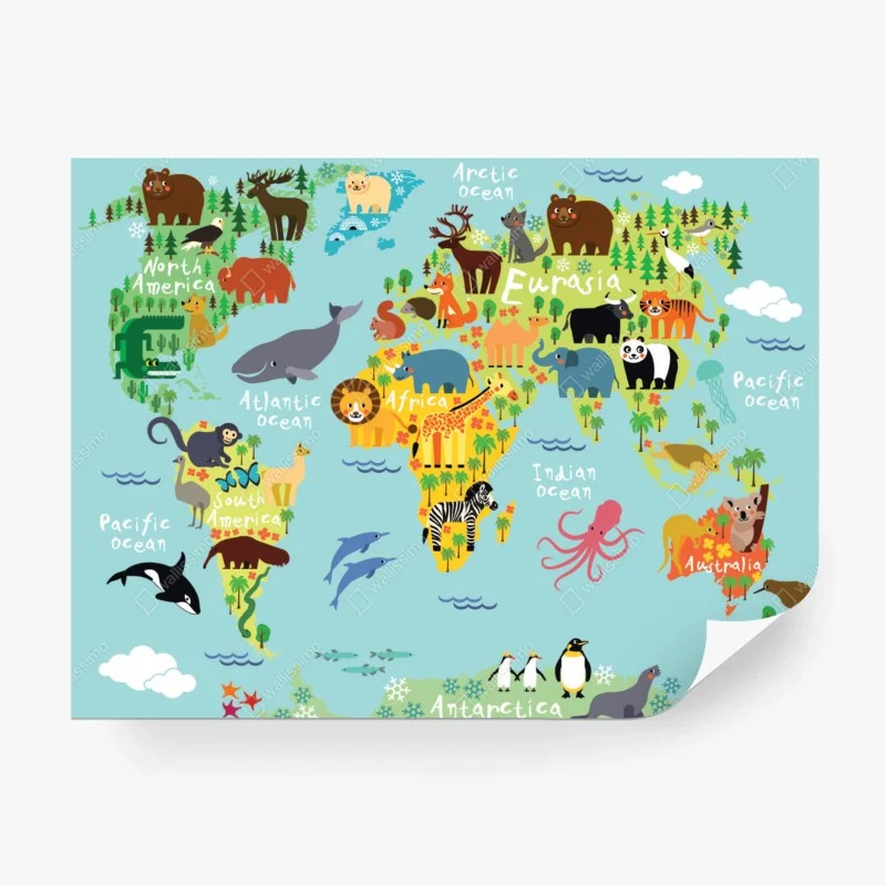 Carta da parati mappa illustrata degli animali del mondo per cameretta