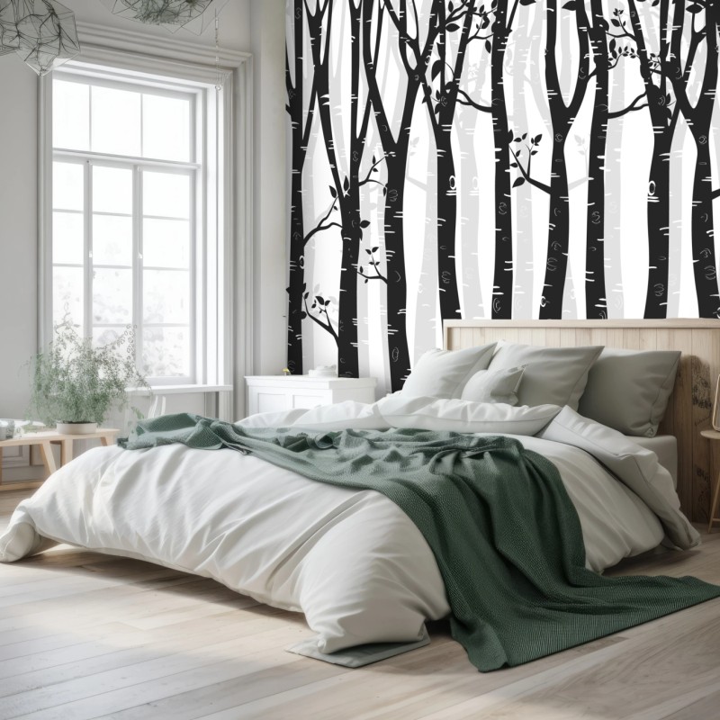 Carta da parati foresta di betulle in bianco e nero