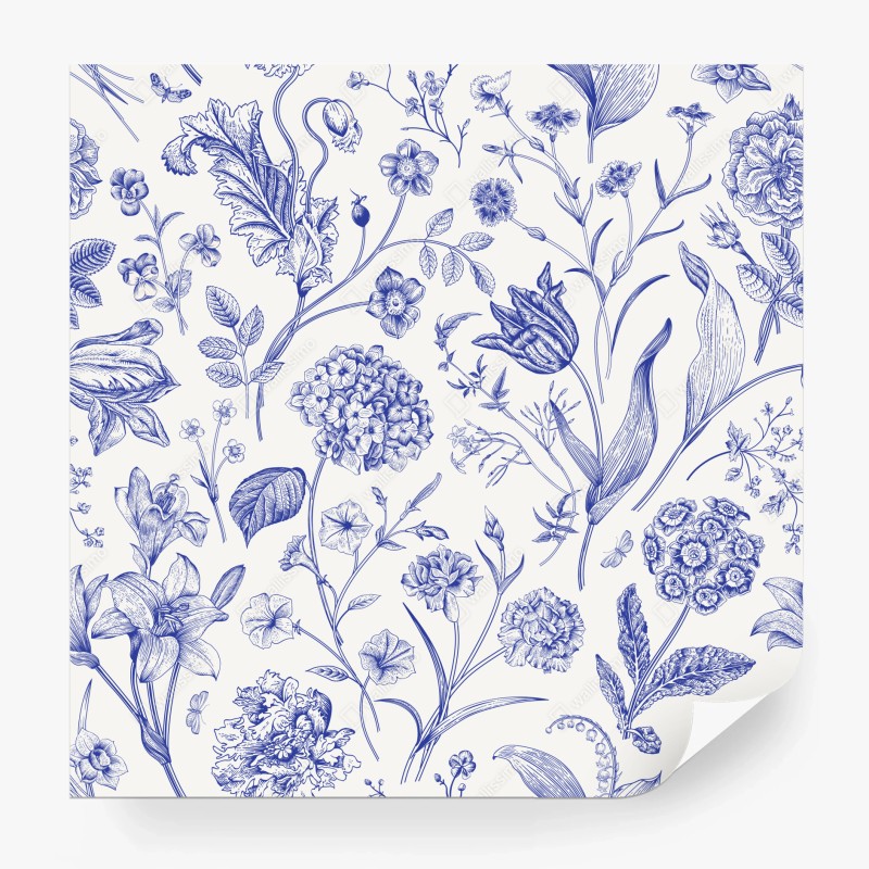 Carta da parati elegante motivo floreale in stile Toile de Jouy