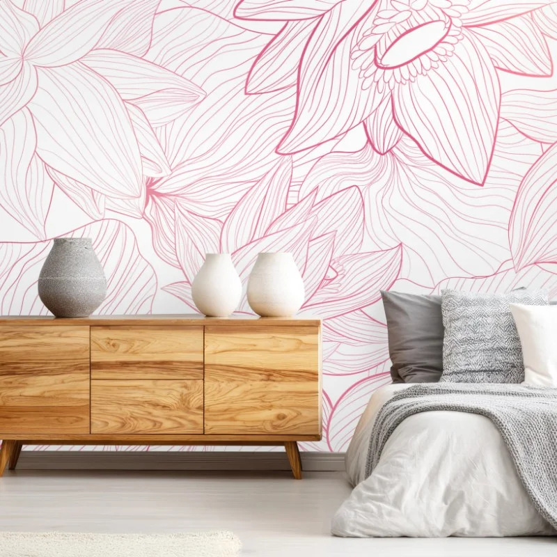 Carta da parati motivo floreale rosa a linee sottili
