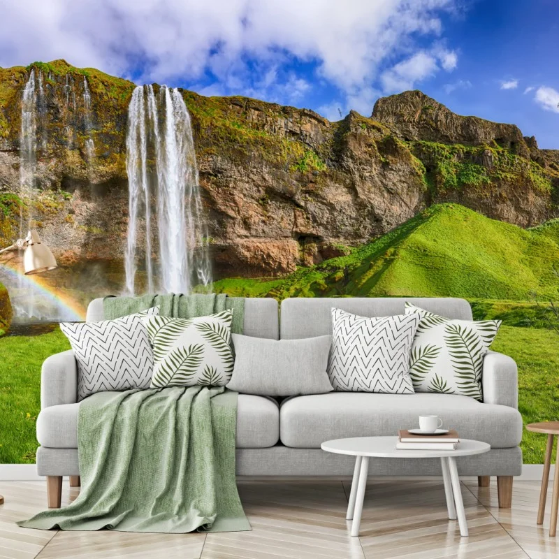 Carta da parati Seljalandsfoss: cascata maestosa e prato verde