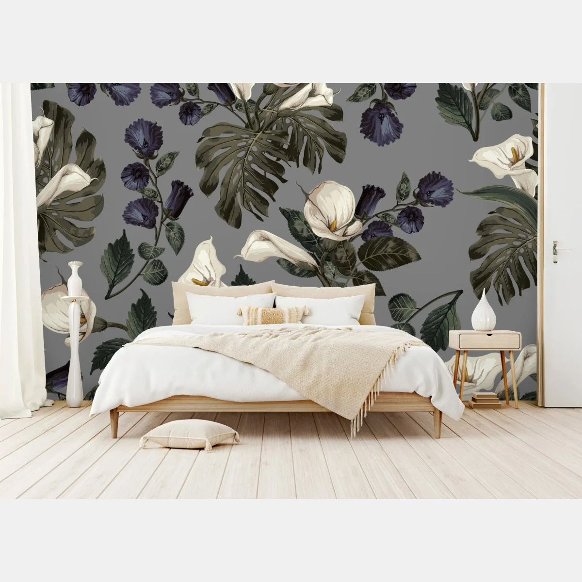 Carta da parati motivo botanico elegante con calle e foglie di monstera • Wallissimo® Carta da parati motivo botanico elegante con calle e foglie di monstera • Wallissimo®