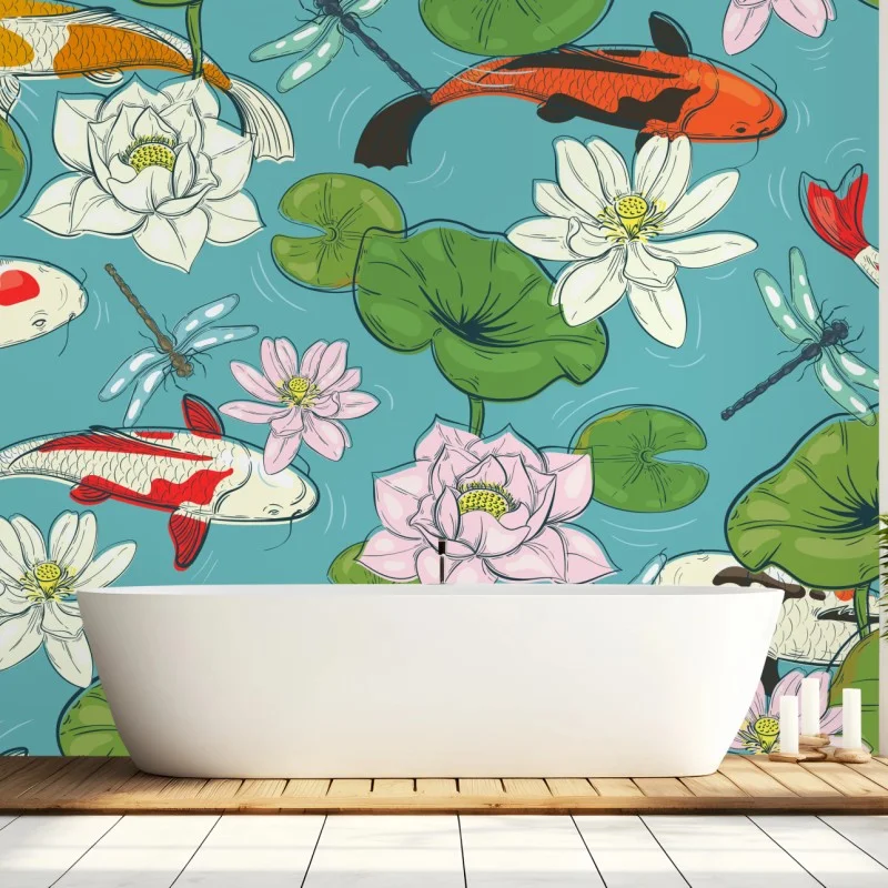 Carta da parati laghetto di carpe koi e ninfee