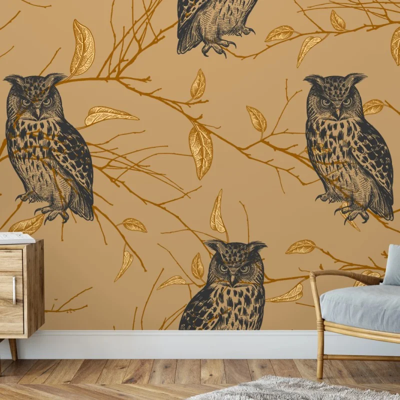 Carta da parati gufi tra rami e foglie dorate