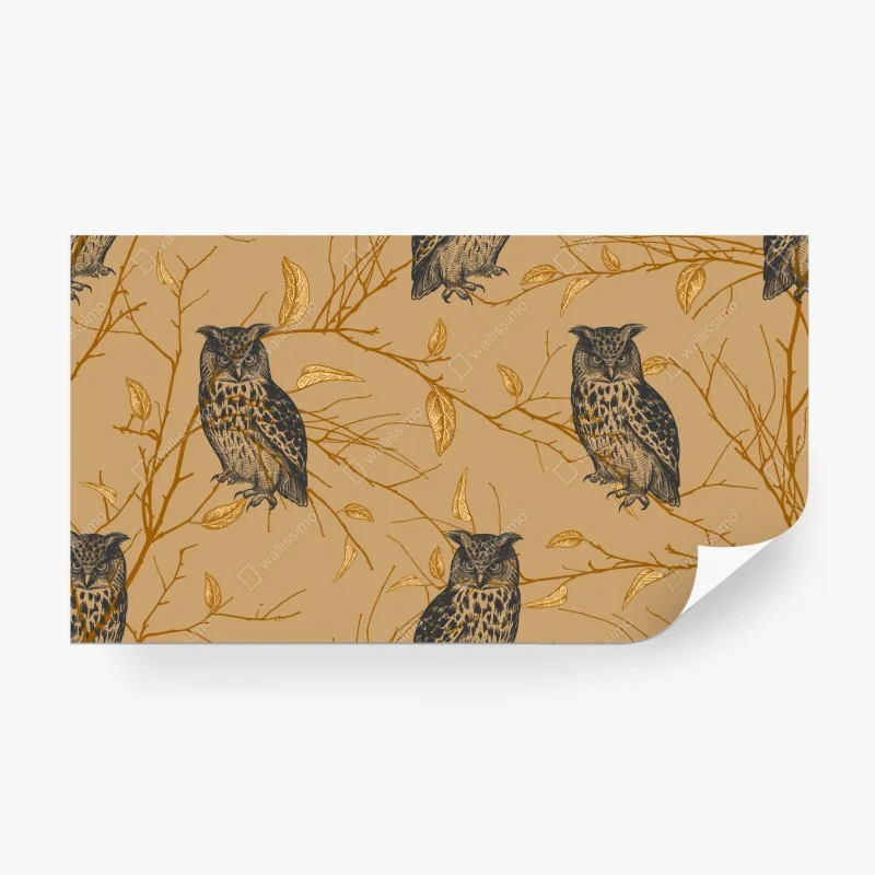 Carta da parati gufi tra rami e foglie dorate