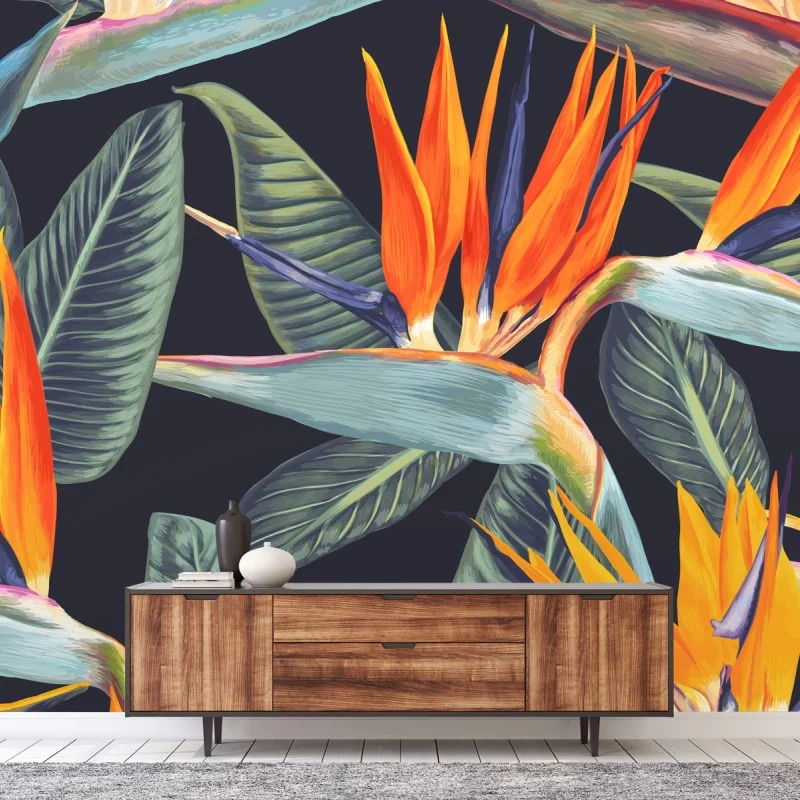Carta da parati motivo tropicale con uccello del paradiso su sfondo scuro