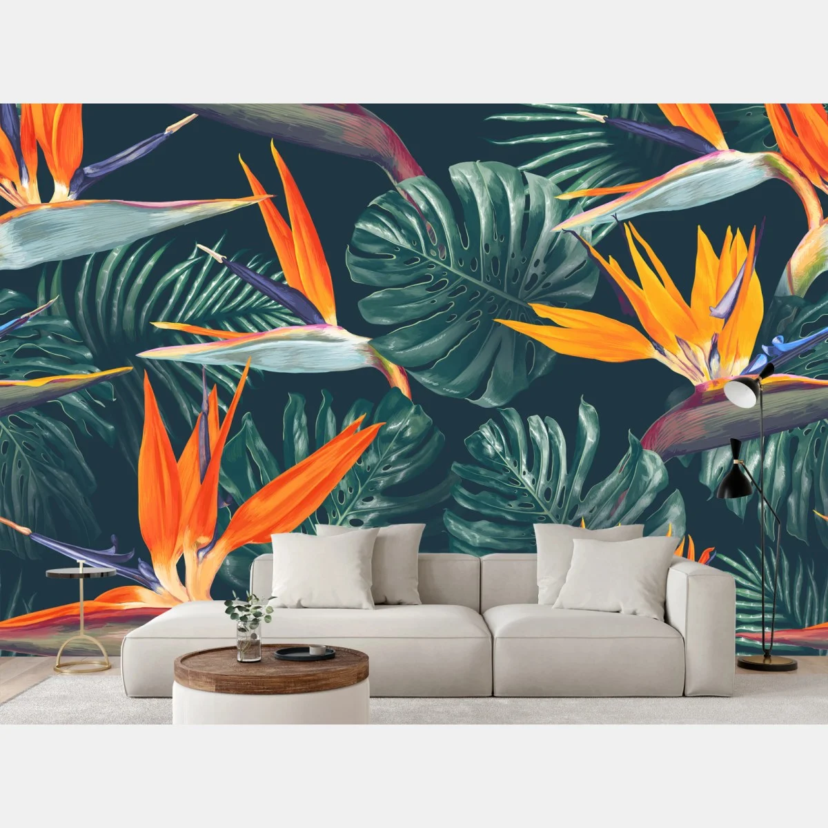 Carta da parati tropicale fiori di paradiso e foglie monstera • Wallissimo® Carta da parati tropicale fiori di paradiso e foglie monstera • Wallissimo®