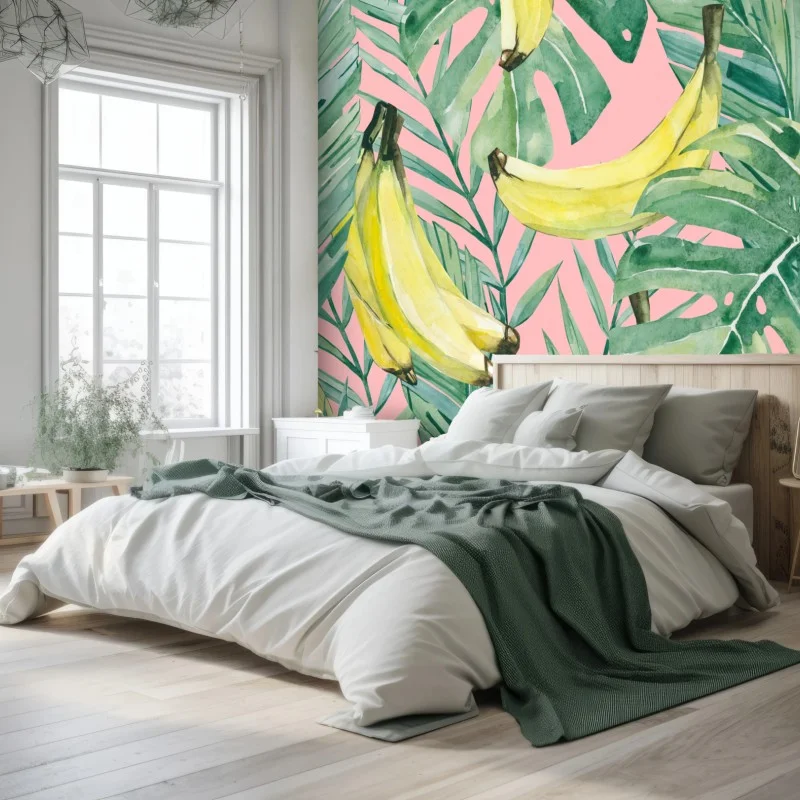 Carta da parati motivo tropicale banane e foglie acquerello su sfondo rosa