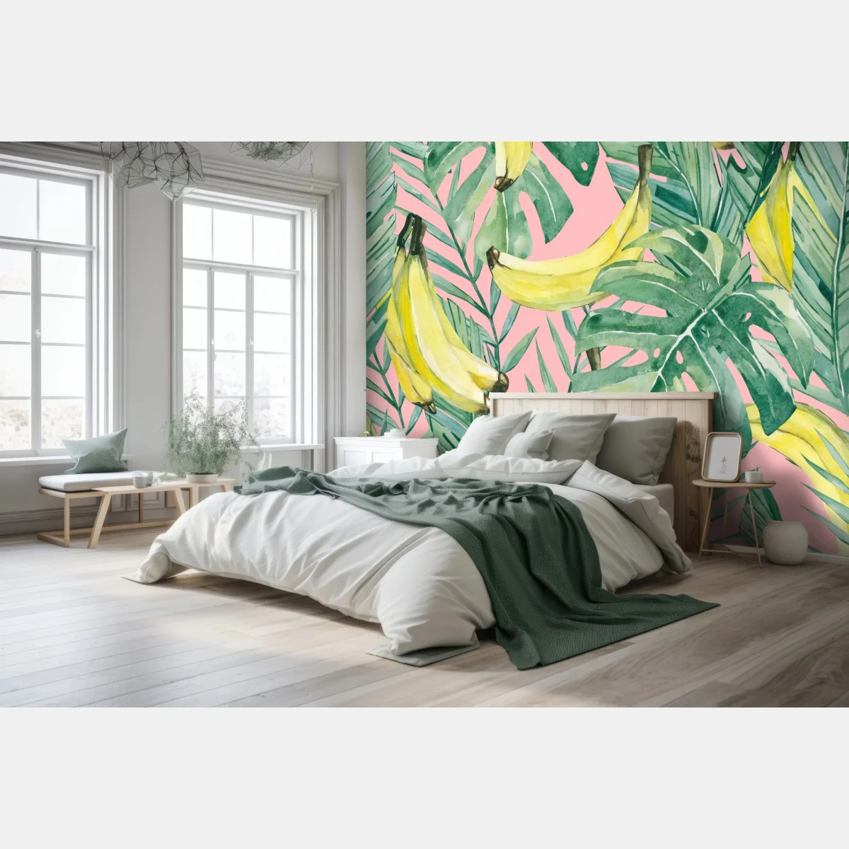 Carta da parati motivo tropicale banane e foglie acquerello su sfondo rosa • Wallissimo® Carta da parati motivo tropicale banane e foglie acquerello su sfondo rosa • Wallissimo®