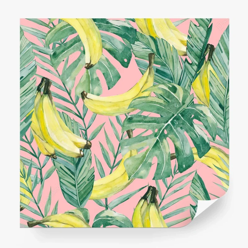 Carta da parati motivo tropicale banane e foglie acquerello su sfondo rosa