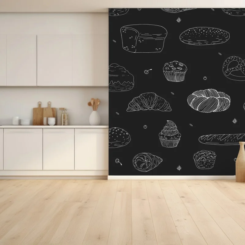 Carta da parati motivo pasticceria in stile schizzo su sfondo scuro