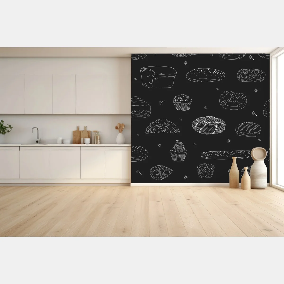 Carta da parati motivo pasticceria in stile schizzo su sfondo scuro • Wallissimo® Carta da parati motivo pasticceria in stile schizzo su sfondo scuro • Wallissimo®