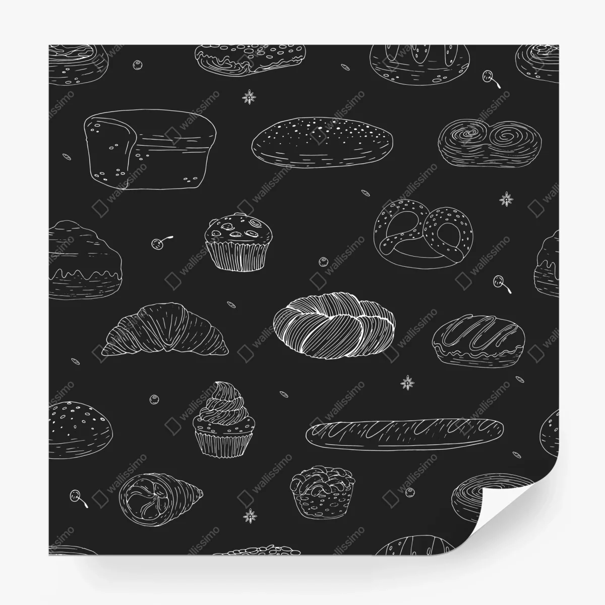 Carta da parati motivo pasticceria in stile schizzo su sfondo scuro • Wallissimo® Carta da parati motivo pasticceria in stile schizzo su sfondo scuro • Wallissimo®