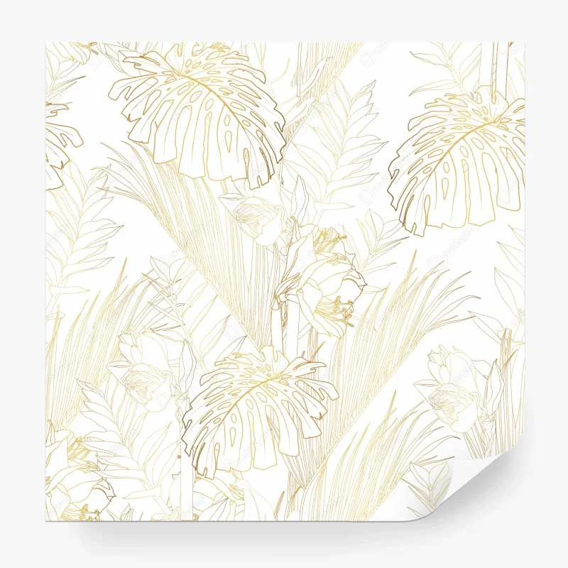 Carta da parati motivo botanico tropicale in linee dorate