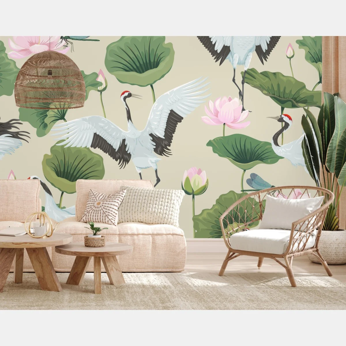 Carta da parati danza delle gru e fiori di loto su sfondo beige • Wallissimo® Carta da parati danza delle gru e fiori di loto su sfondo beige • Wallissimo®