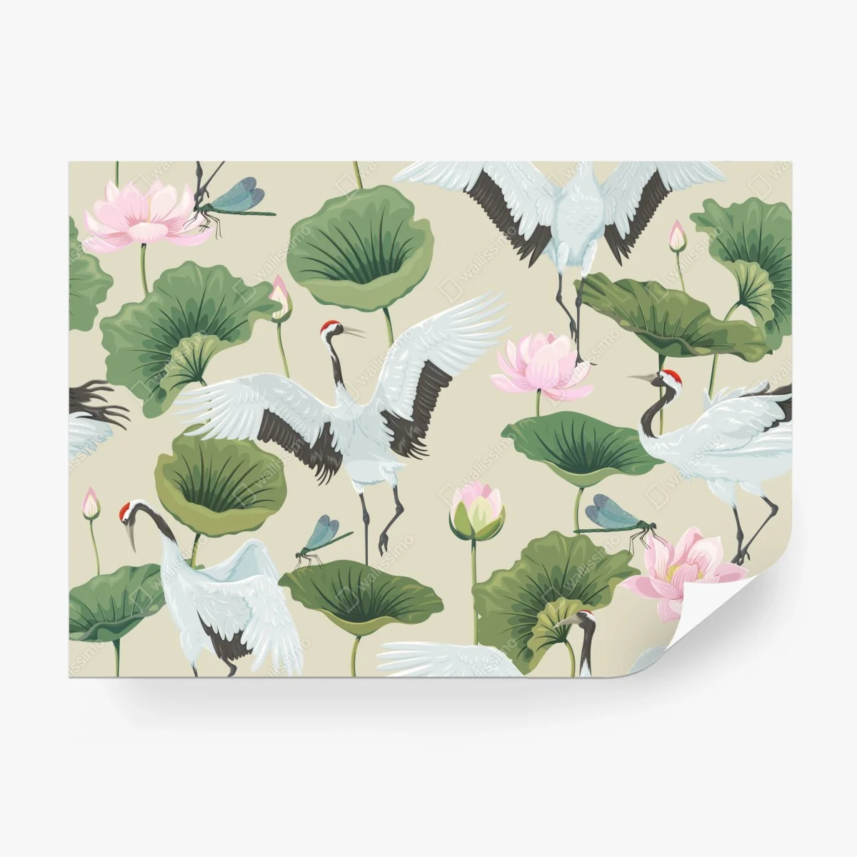 Carta da parati danza delle gru e fiori di loto su sfondo beige • Wallissimo® Carta da parati danza delle gru e fiori di loto su sfondo beige • Wallissimo®