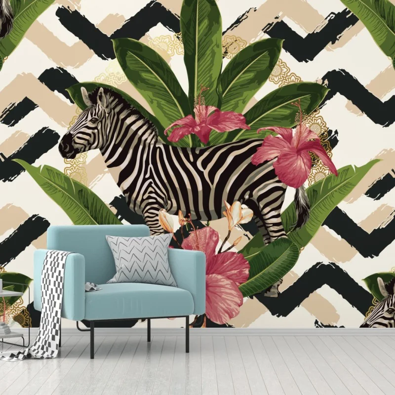 Carta da parati motivo tropicale vintage con zebra e ibisco