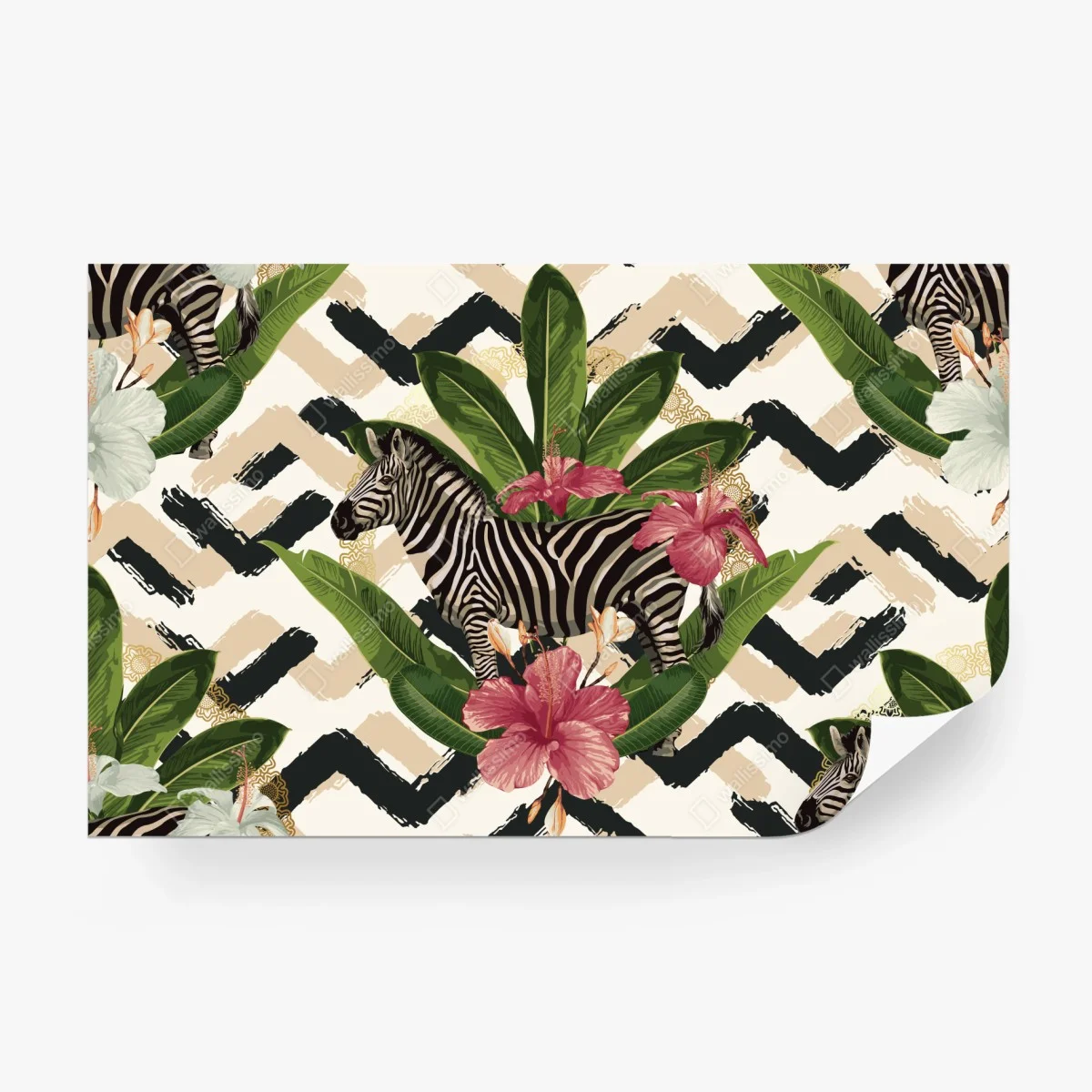 Carta da parati motivo tropicale vintage con zebra e ibisco • Wallissimo®