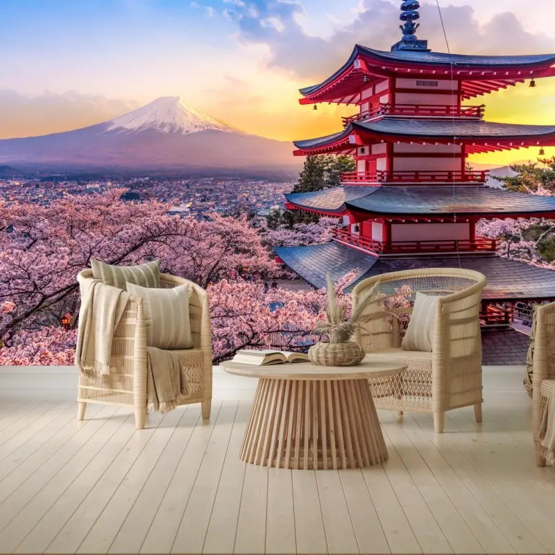 Carta da parati fioritura di ciliegi e pagoda Chureito a Fujiyoshida con Monte Fuji al tramonto