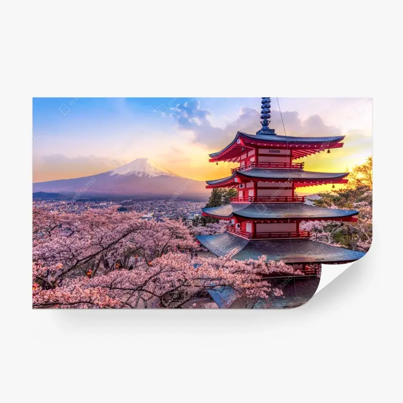 Carta da parati fioritura di ciliegi e pagoda Chureito a Fujiyoshida con Monte Fuji al tramonto