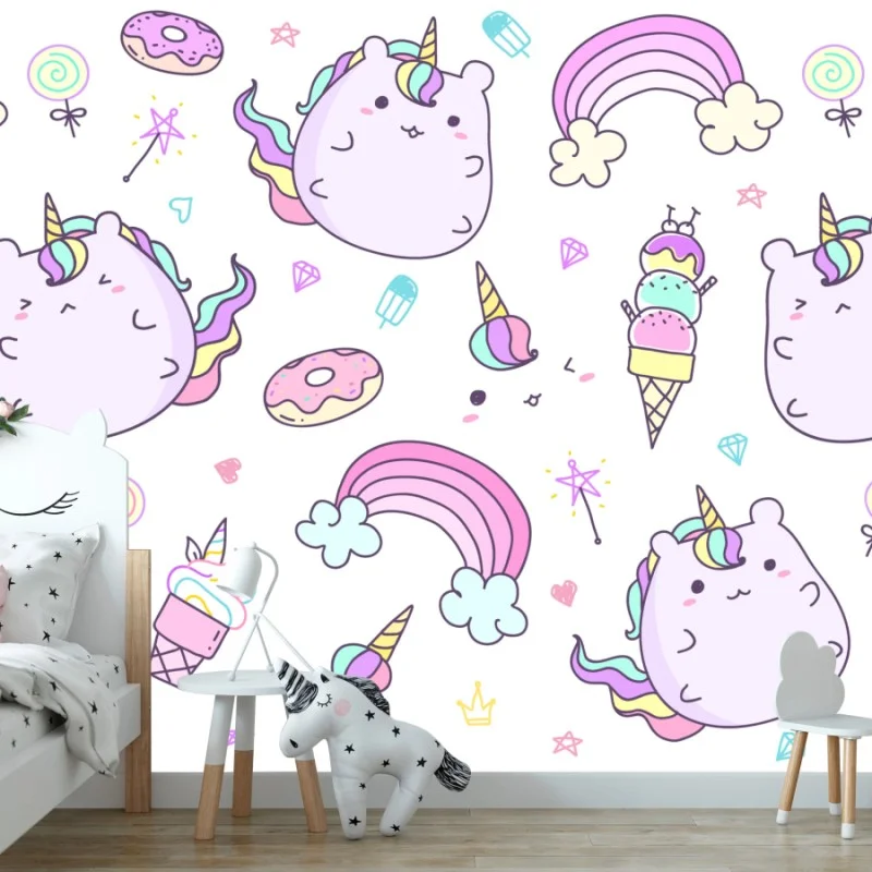 Carta da parati morbido pattern di gattounicorni e arcobaleni pastello