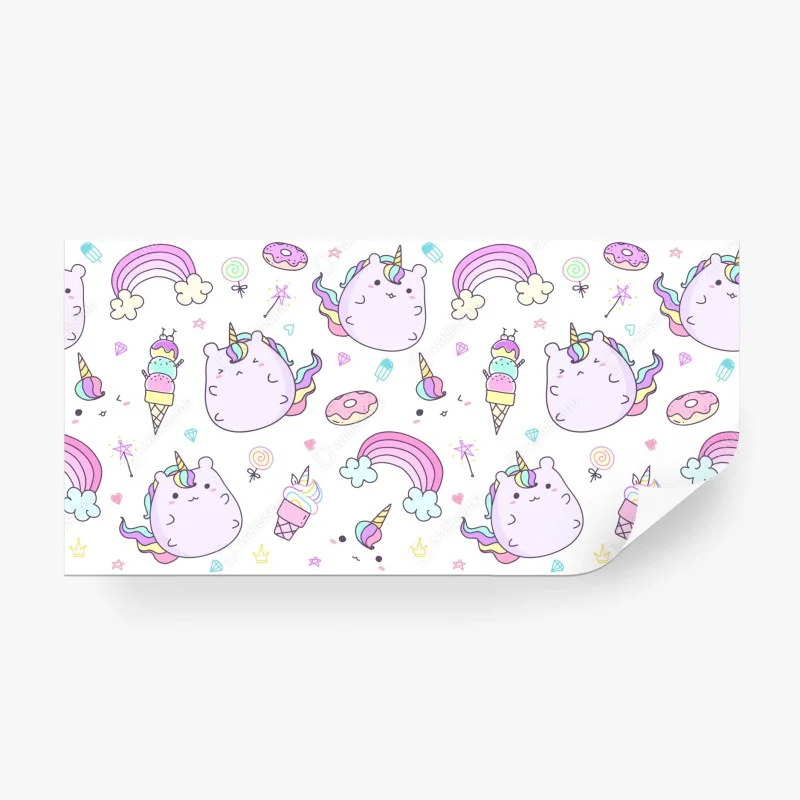 Carta da parati morbido pattern di gattounicorni e arcobaleni pastello