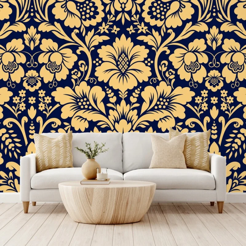 Carta da parati motivo damascato floreale oro su fondo blu