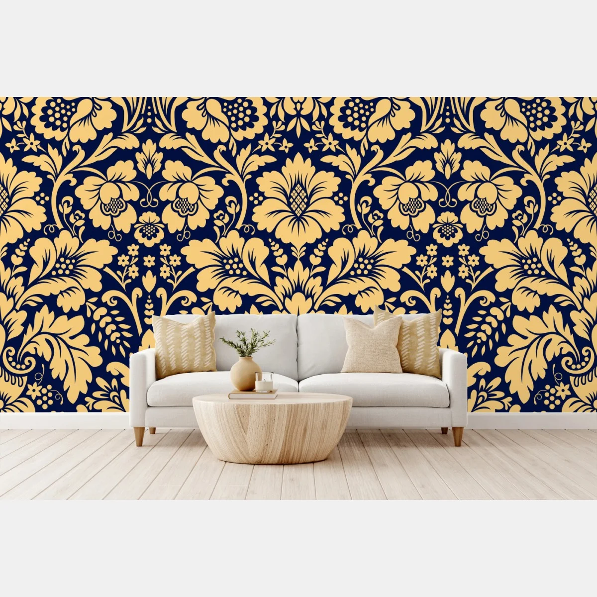 Carta da parati motivo damascato floreale oro su fondo blu • Wallissimo® Carta da parati motivo damascato floreale oro su fondo blu • Wallissimo®