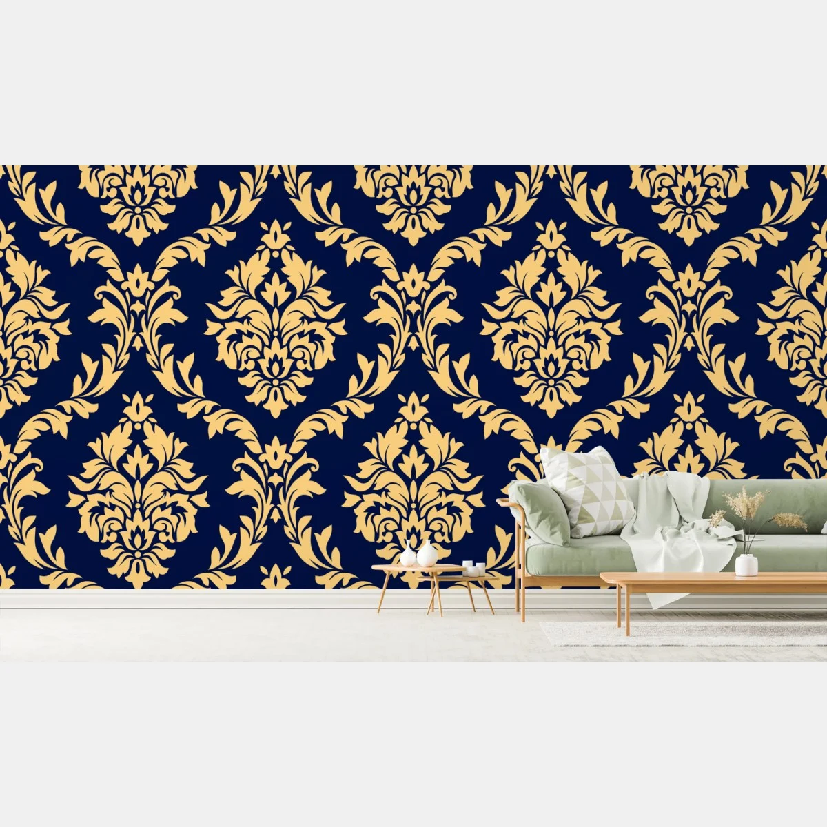 Carta da parati motivo damasco oro su sfondo blu navy • Wallissimo® Carta da parati motivo damasco oro su sfondo blu navy • Wallissimo®