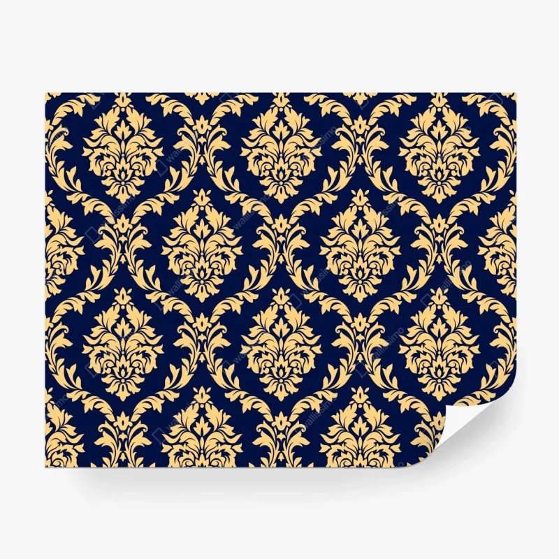 Carta da parati motivo damasco oro su sfondo blu navy