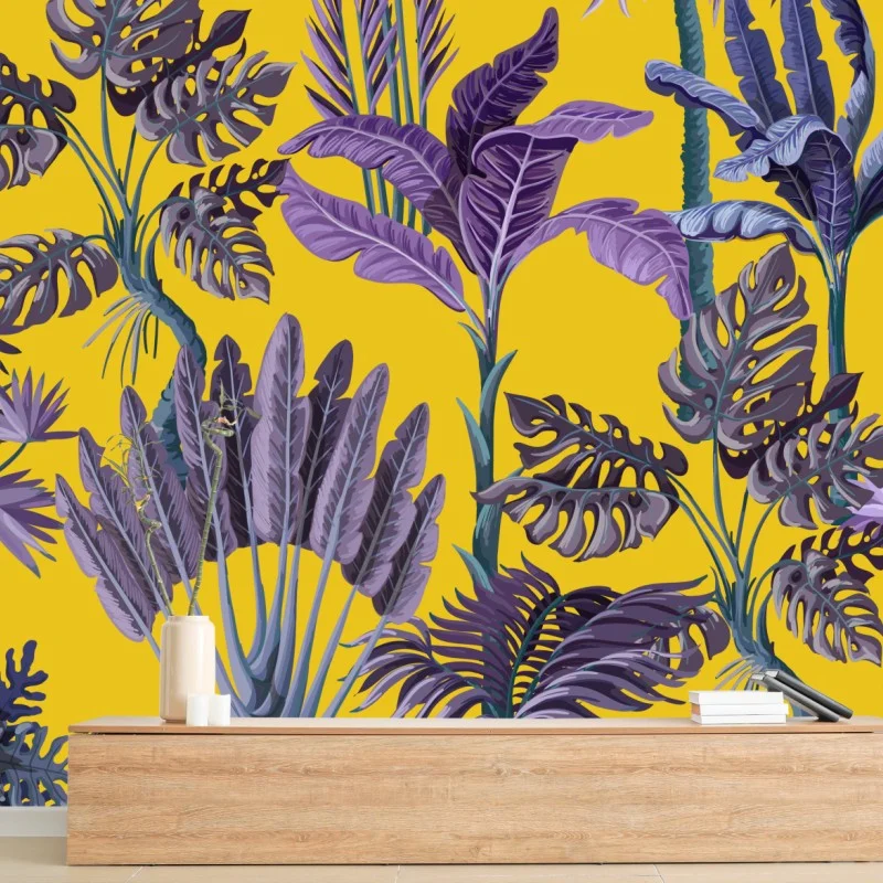 Carta da parati giungla tropicale viola su sfondo giallo