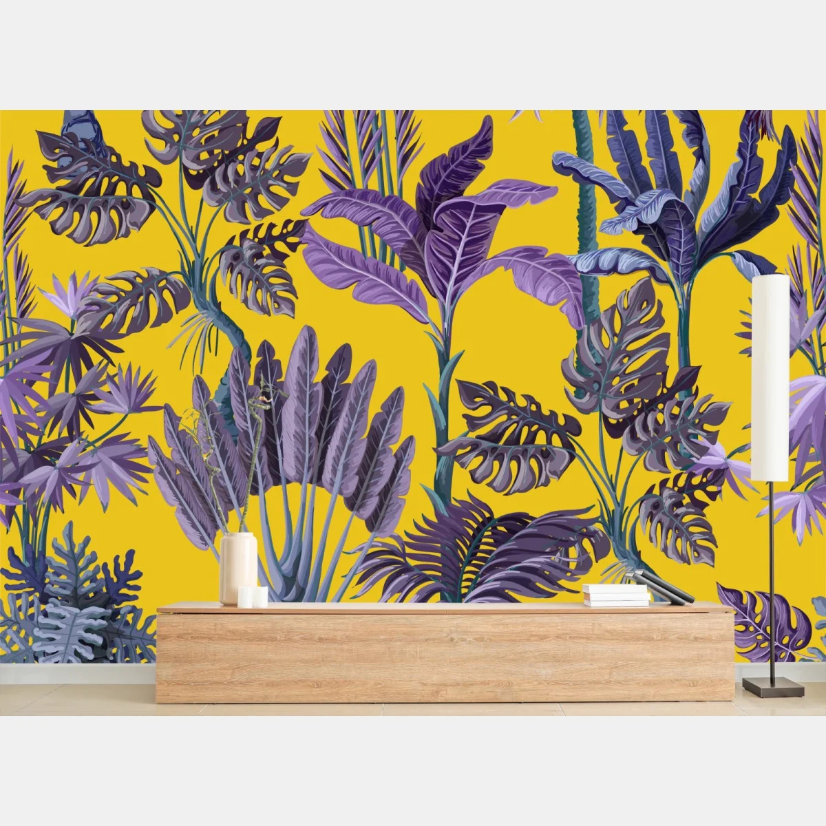 Carta da parati giungla tropicale viola su sfondo giallo • Wallissimo® Carta da parati giungla tropicale viola su sfondo giallo • Wallissimo®