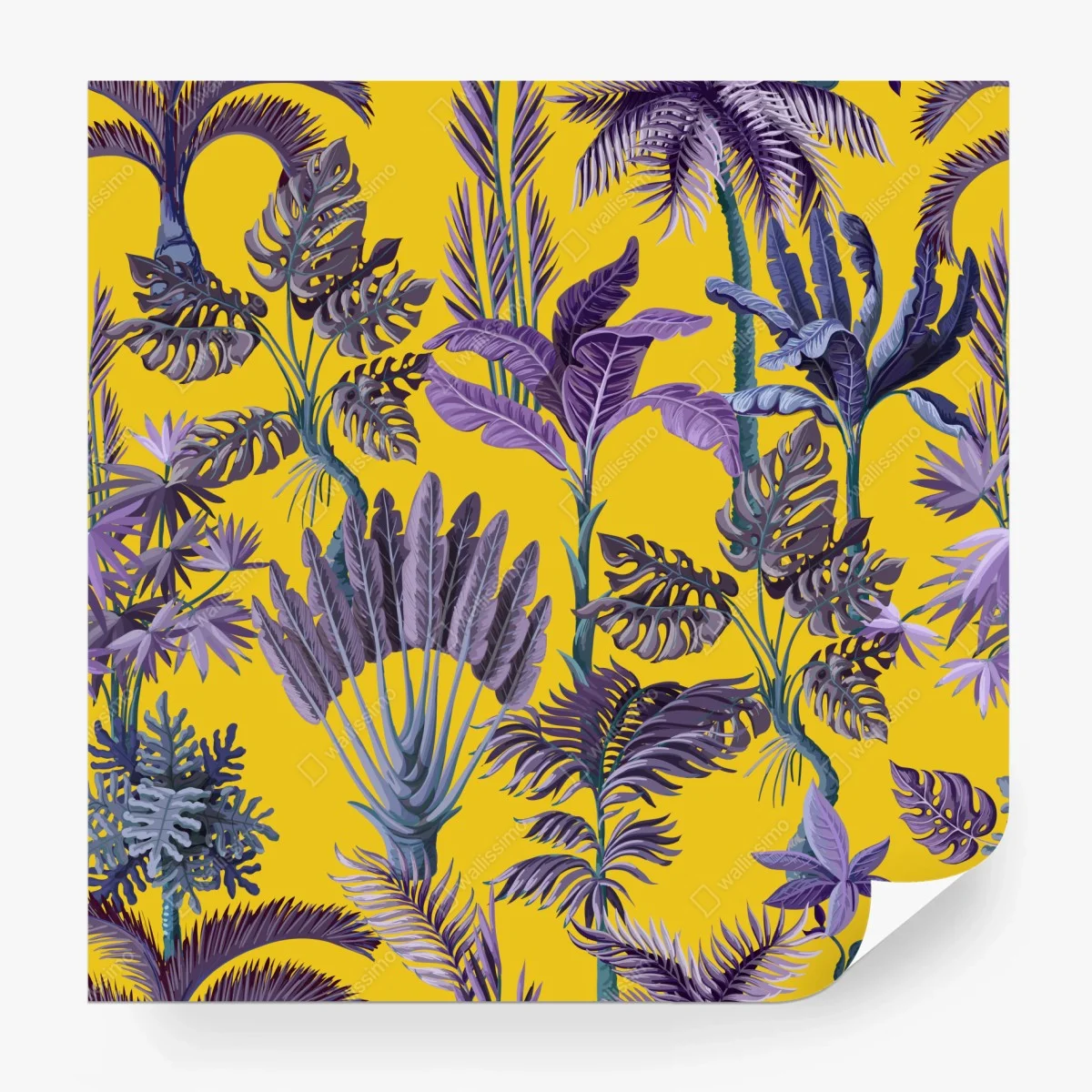 Carta da parati giungla tropicale viola su sfondo giallo • Wallissimo® Carta da parati giungla tropicale viola su sfondo giallo • Wallissimo®