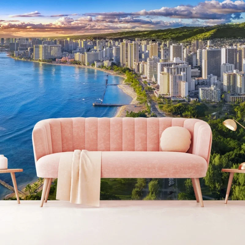 Carta da parati vista aerea di Waikiki al tramonto