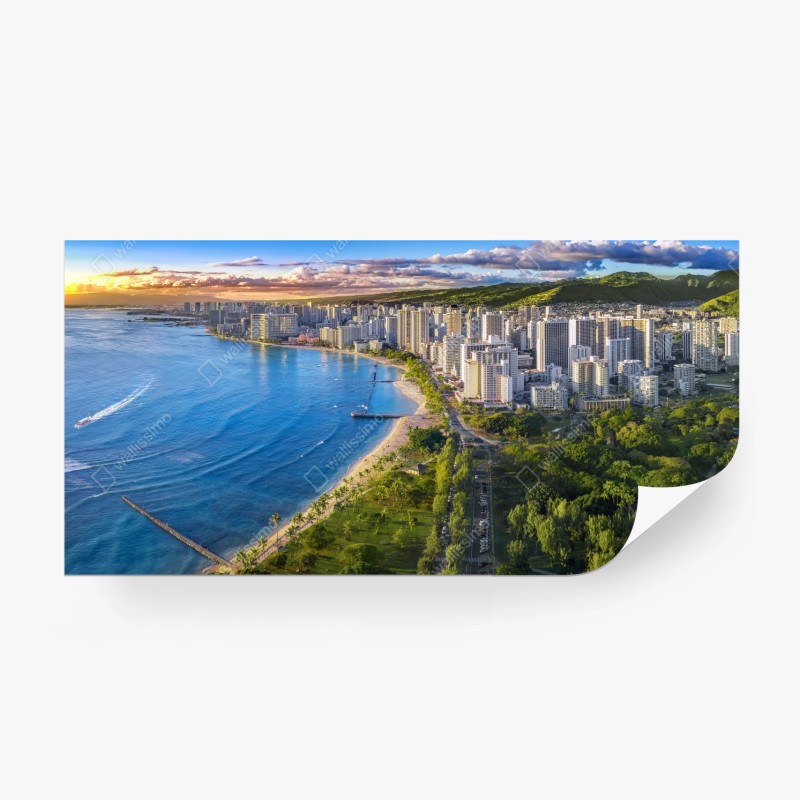 Carta da parati vista aerea di Waikiki al tramonto