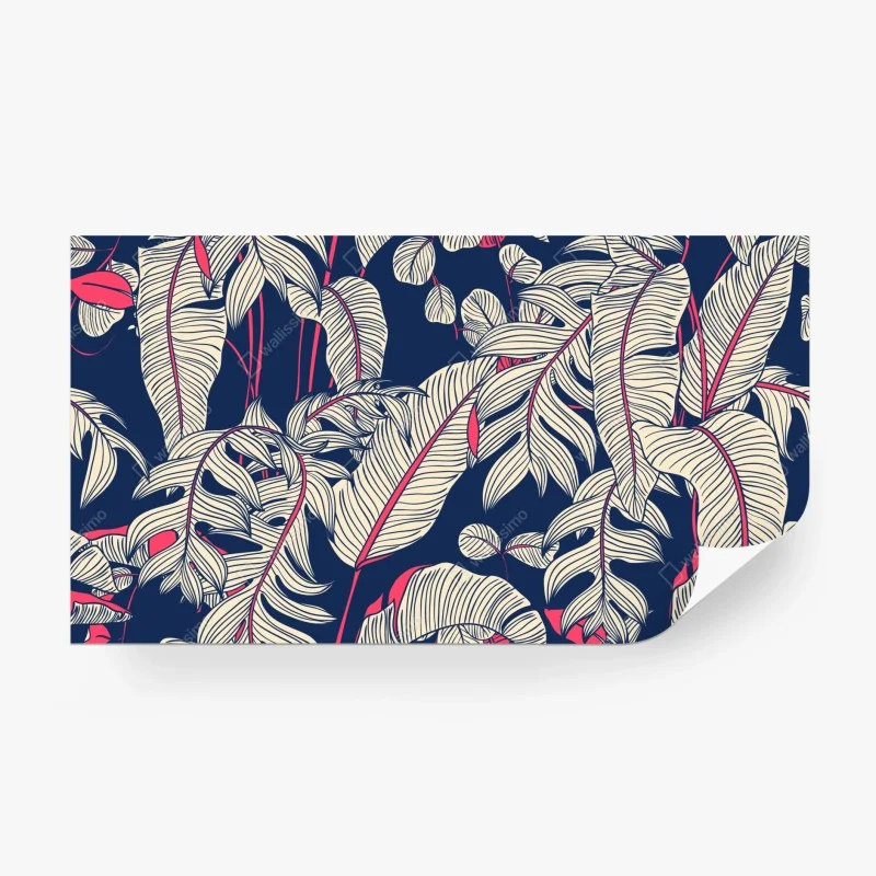 Carta da parati motivo botanico tropicale blu scuro e rosa